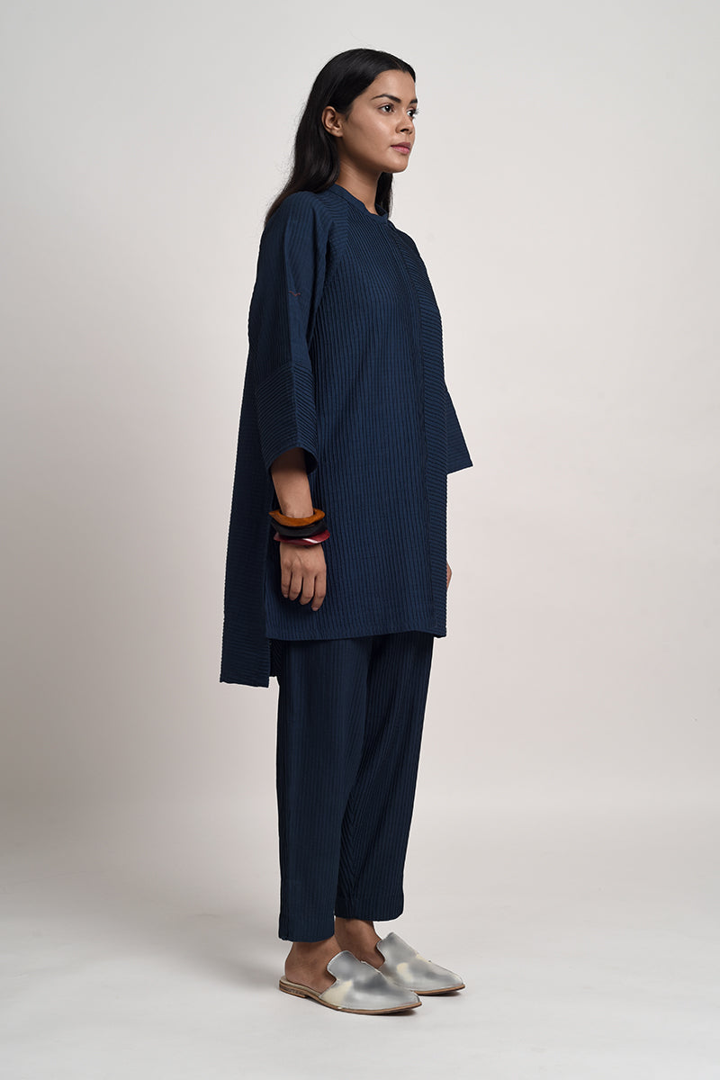 PINTUCKED INDIGO BLUE SHIRT