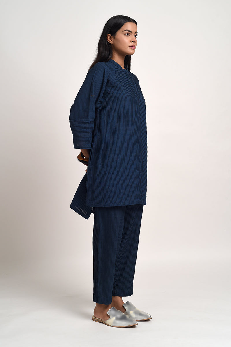 PINTUCKED INDIGO BLUE SHIRT