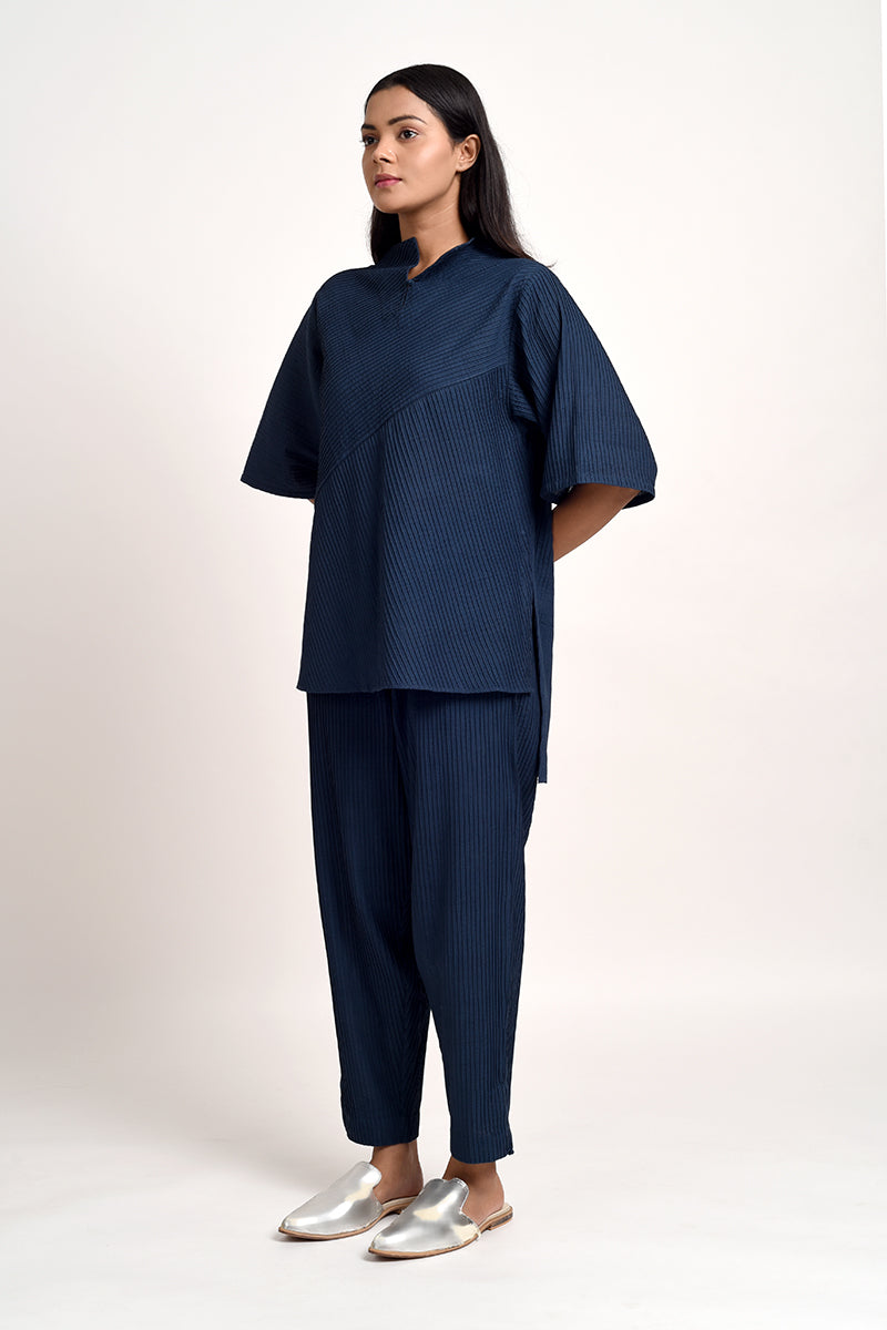 PINTUCKED INDIGO BLUE TOP