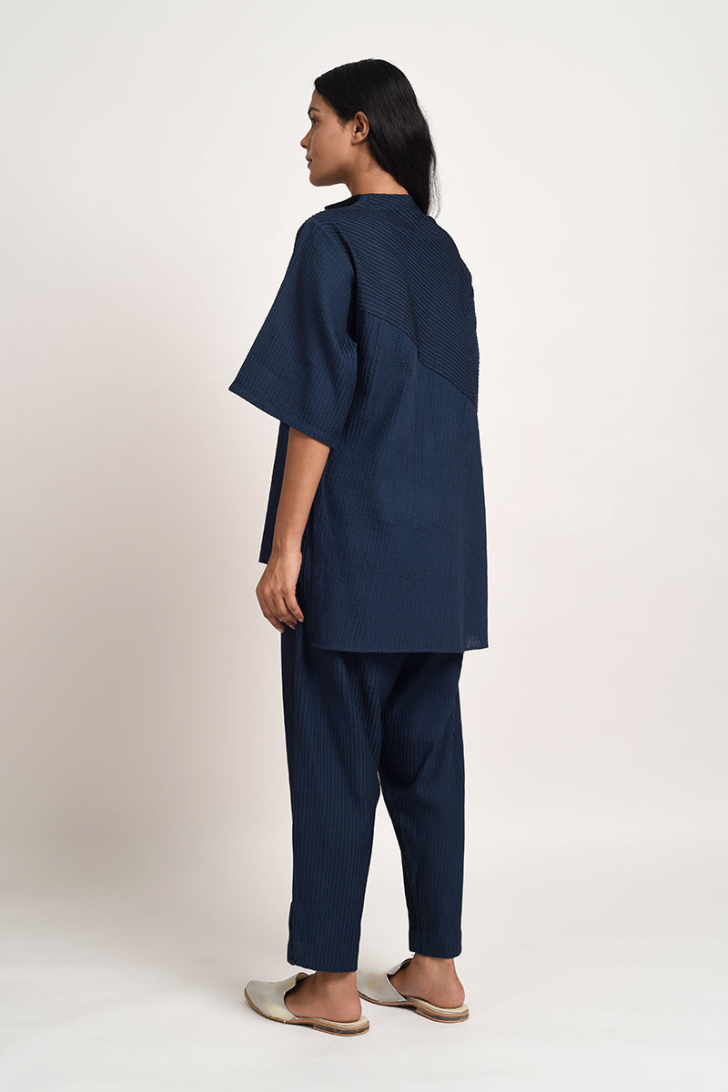 PINTUCKED INDIGO BLUE TOP