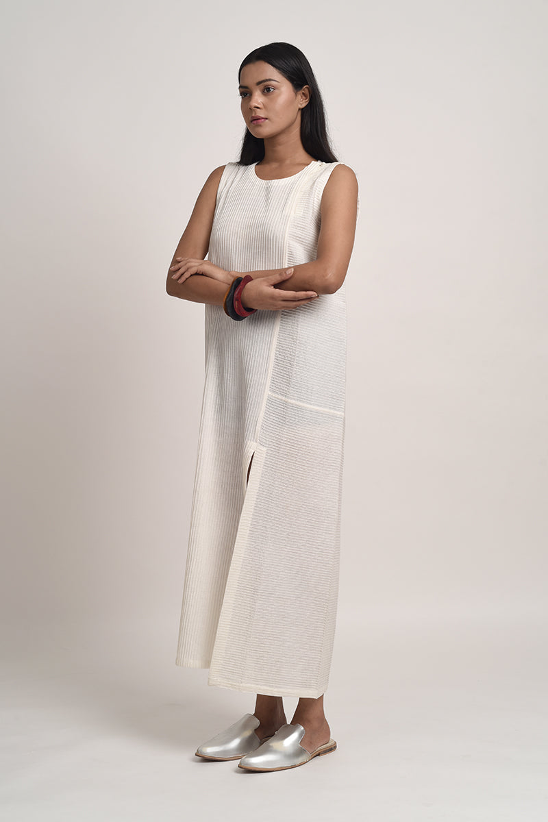 PINTUCKED SHIFT DRESS WITH SLIT