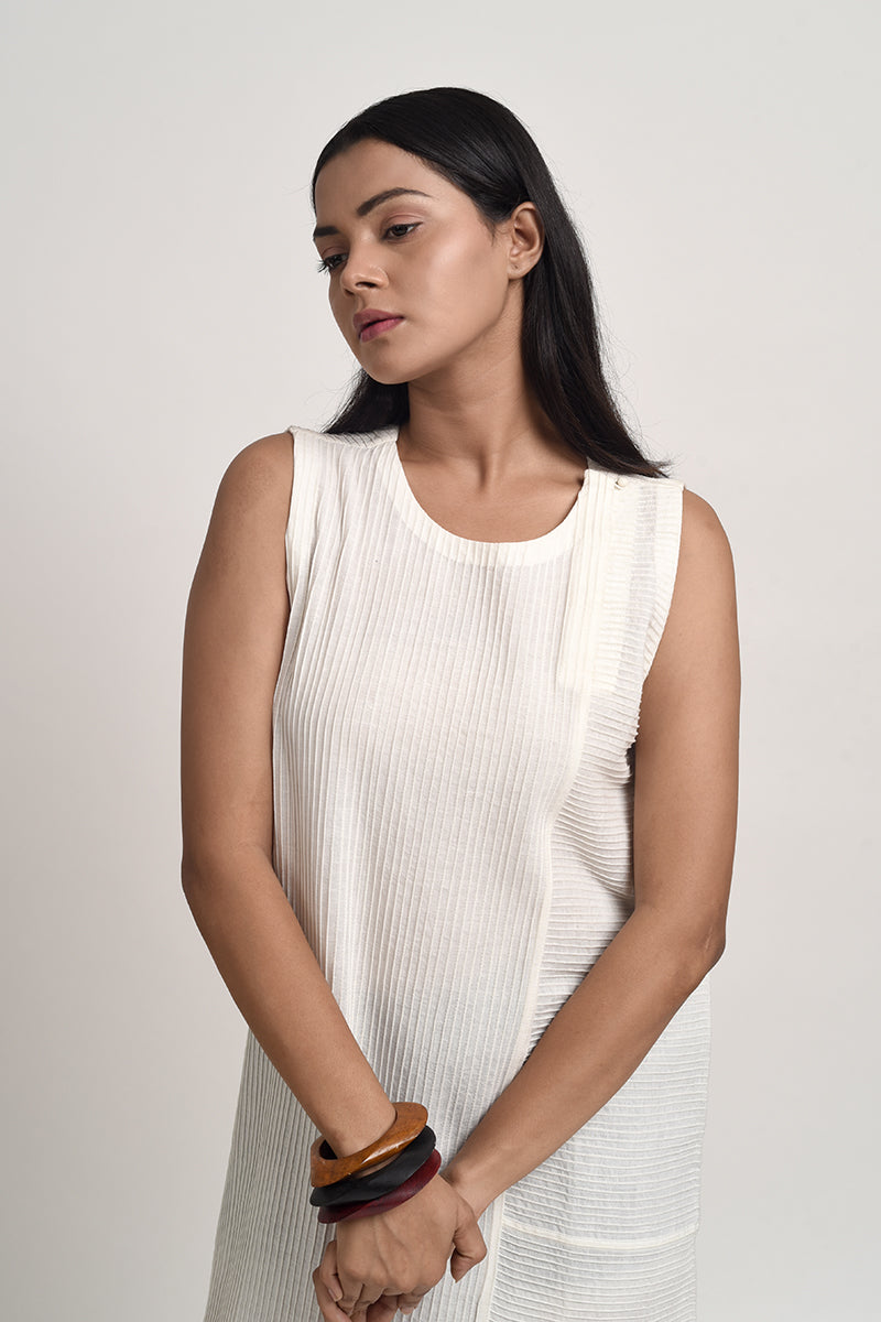 PINTUCKED SHIFT DRESS WITH SLIT