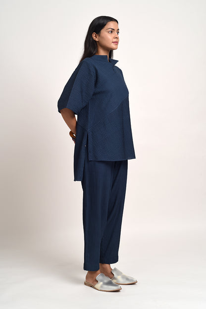 PINTUCKED INDIGO BLUE TOP