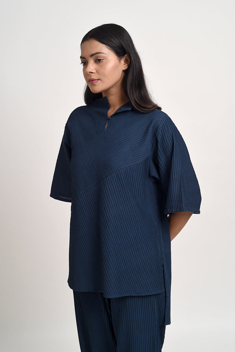 PINTUCKED INDIGO BLUE TOP